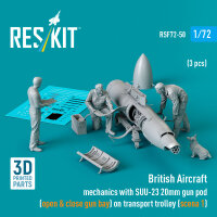 British Aircraft mechanics with SUU-23 20mm gun pod (open & close gun bay) on transport trolley (scene 1) (3 pcs) (3D Printed)